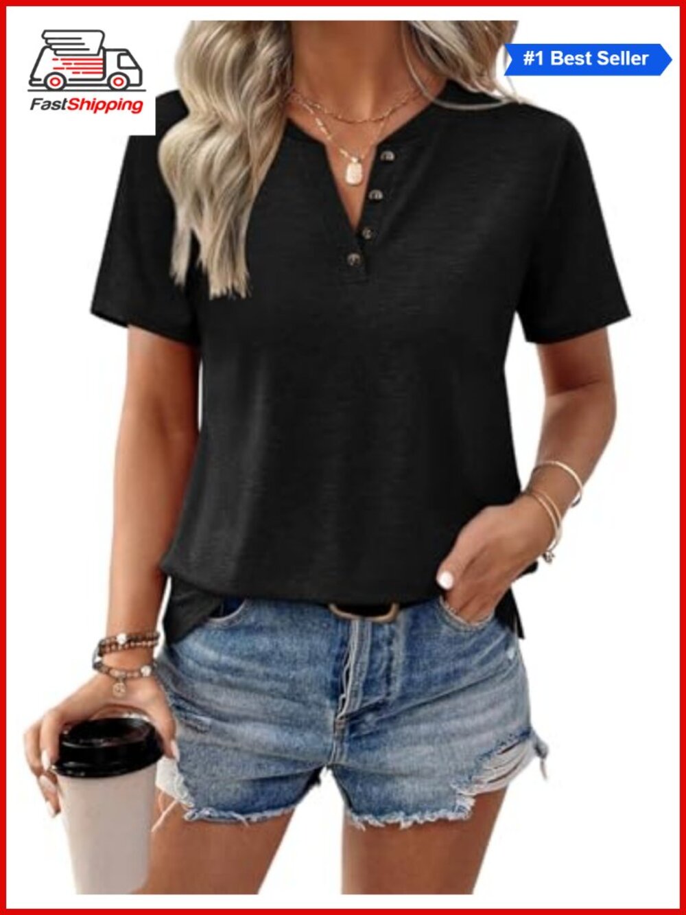 Women's V Neck Short Sleeve Tee Button Loose Summer T Shirt